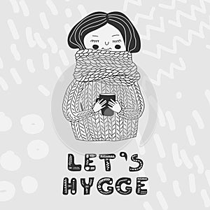 Lets hygge card monochrome girl in sweater