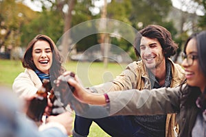 Lets make this day an exceptional one. a group of cheerful young friends having a picnic together while celebrating with