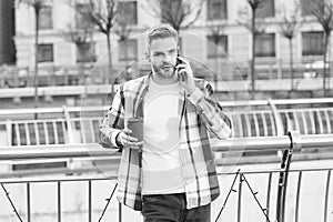 Lets meet in few minutes. Modern life communication. Modern guy with smartphone urban background. Handsome man mobile