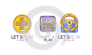 Lets Play Logo Design Collection, Video Game Console Labels Vector Illustration
