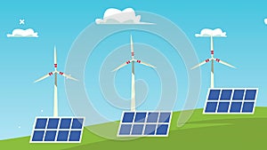 Lets save the world animation with wind turbines and solar panels energy
