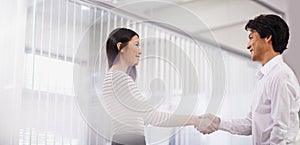 Lets shake on it. two business professionals shaking hands in an office setting.