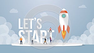 Lets start big words concept with team people and rocket startup launch business with team people and smoke with modern flat style