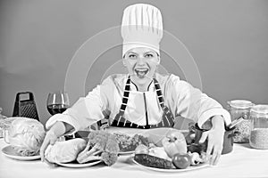 Lets start cooking. Woman chef cooking healthy food. Gourmet main dish recipes. Delicious recipe concept. Girl in hat