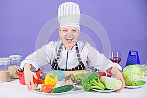 Lets start cooking. Woman chef cooking healthy food. Gourmet main dish recipes. Delicious recipe concept. Girl in hat