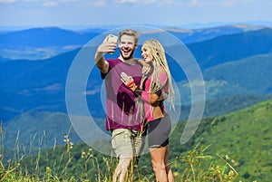 Lets take photo. Capturing beauty. Man and woman posing mobile photo. Couple taking photo. Summer vacation concept