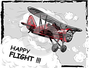 Lets travel concept vector illustration. Retro airplane poster. Old model plane is flying in the sky postcard