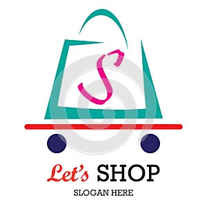 Lets shop supper market online store purchase shopping cart and bag with letter S logo icon