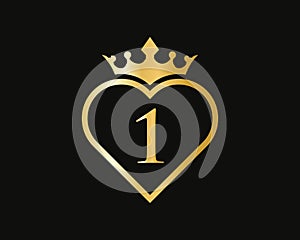 Letter 1 Logo With Crown and Love Shape. Heart Letter 1 Logo Design, Gold, Beauty, Fashion, Cosmetics Business, Spa, Salons, And