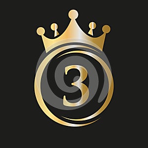 Letter 3 Crown Logo. Royal Crown Logo for Spa, Yoga, Beauty, Fashion, Star, Elegant, Luxury Sign