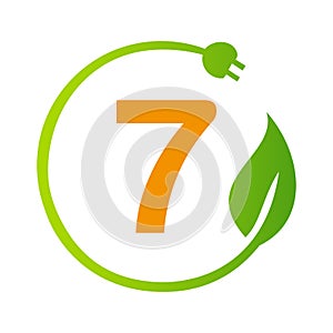Letter 7 Green Energy Electrical Plug Logo Template. Electrical Plug Sign Concept with Eco Green Leaf Vector Sign