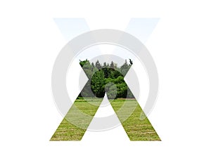 Letter X of the alphabet made with landscape with grass, forest and a blue sky