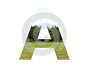 Letter A of the alphabet made with landscape with grass, forest and a blue sky