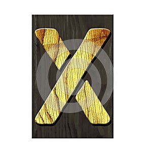 Letter X. Alphabet made of letters, made of wood, on a dark wooden plank. Isolated on white background. Education