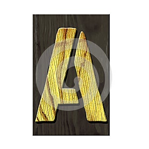 Letter A. Alphabet made of letters, made of wood, on a dark wooden plank. Isolated on white background. Education. Design
