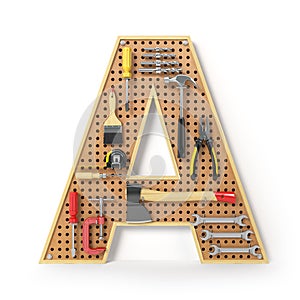 Letter A. Alphabet from the tools on the metal pegboard isolated photo