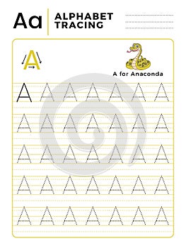 Letter A Alphabet Tracing Book with Example and Funny Anaconda Snake Cartoon. Preschool worksheet for practicing fine motor skill