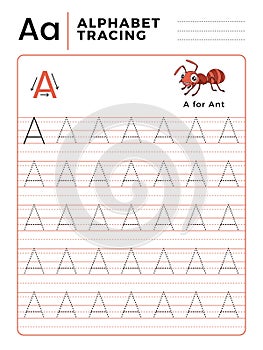 Letter A Alphabet Tracing Book with Example and Funny Ant Insect Cartoon. Preschool worksheet for practicing fine motor skill.