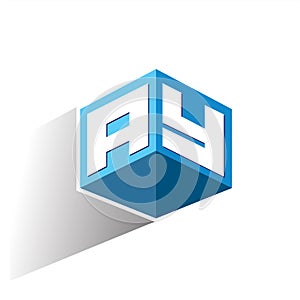 Letter AY logo in hexagon shape and blue background, cube logo with letter design for company identity