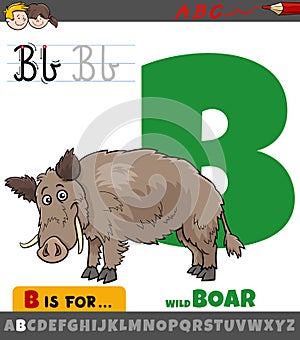 Letter B from alphabet with cartoon wild boar animal