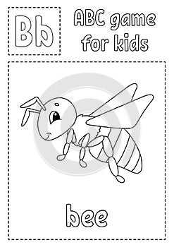 Letter B is for bee. ABC game for kids. Alphabet coloring page. Cartoon character. Word and letter. Vector illustration