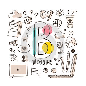 Letter B - Blogging, cute alphabet series in doodle style