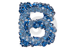 Letter B from blue diamonds or sapphires with brilliant cut. 3D rendering