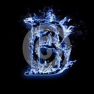 Letter B. Blue fire flames on black