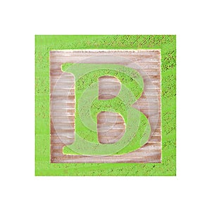 Letter B childs wood block on white with clipping path