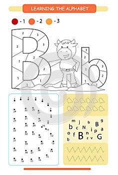 Letter B and funny cartoon bull. Animals alphabet a-z. Coloring page. Printable worksheet. Handwriting practice. Connect the dots.