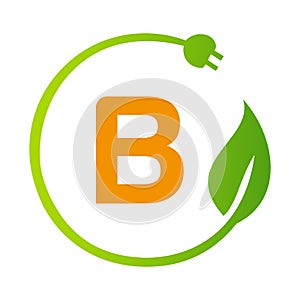 Letter B Green Energy Electrical Plug Logo Template. Electrical Plug Sign Concept with Eco Green Leaf Vector Sign