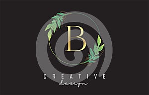 Letter B logo design with uppercase, leaf details, golden outline leaves and circle frame. Vector Illustration with Botanical