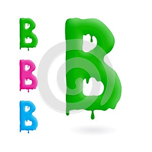 Letter B logo. Green, blue and pink character with drips. Dripping liquid symbol. Isolated vector.