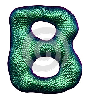 Letter B made of natural green snake skin texture isolated on white.