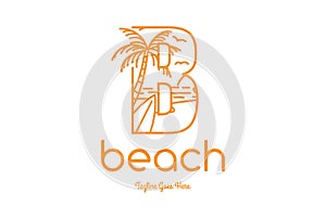 Letter B with Palm Tree Wave Sea Sunset and Surfboard for Beach Surf Travel Vacation Logo Design