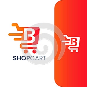 Letter B Shopping Cart Logo, Fast Trolley Shop Icon