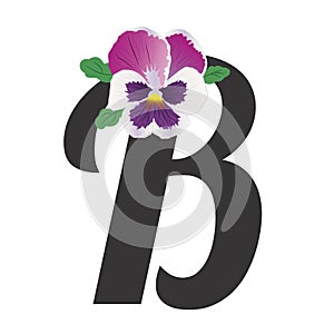 Letter B with single pansy flower white, purple, lilac.