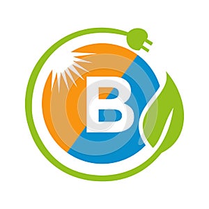 Letter B Solar Energy Logo Design Concept with Sun, Leaf and Electric Plug Solar Panel Vector Template