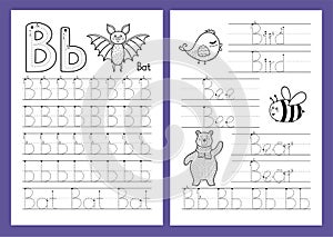 Letter B. Tracing practice worksheet set. Learning alphabet activity page