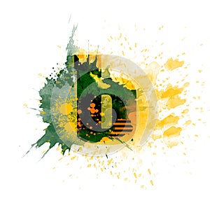 Letter B typography design, dark green and yellow ink splash grunge watercolor splatter, isolated on white, grungy backgro photo