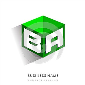 Letter BA logo in hexagon shape and green background, cube logo with letter design for company identity