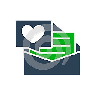 Letter with big heart colored icon. Declaration of love, note in envelope, like, feedback symbol