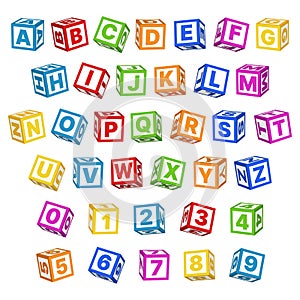 Letter blocks font. 3d children toys english alphabet, baby cubes different angles, bright color letters and numbers
