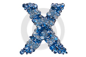 Letter X from blue diamonds or sapphires with brilliant cut. 3D rendering