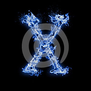 Letter X. Blue fire flames on black