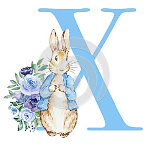 Letter X blue with watercolor cute rabbit with flowers