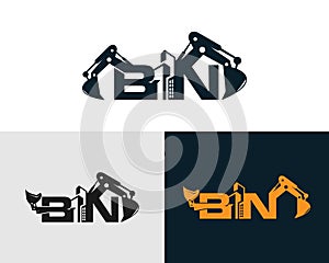 Letter BN Building With Excavator and skid steer Logo Design Concept.