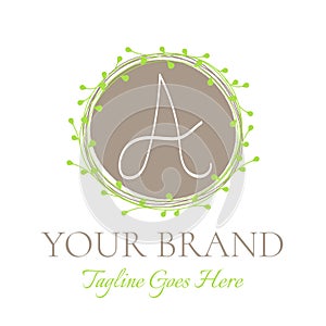 A Letter Brown and Green Round Floral Logo