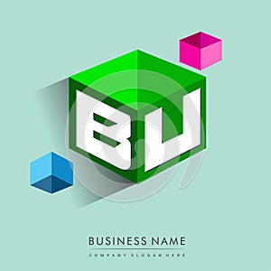 Letter BU logo in hexagon shape and green background, cube logo with letter design for company identity