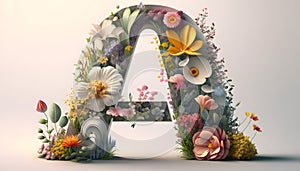 letter A built with flowers of different types and colors. valentine's day, environment day, nature, love, generative ai